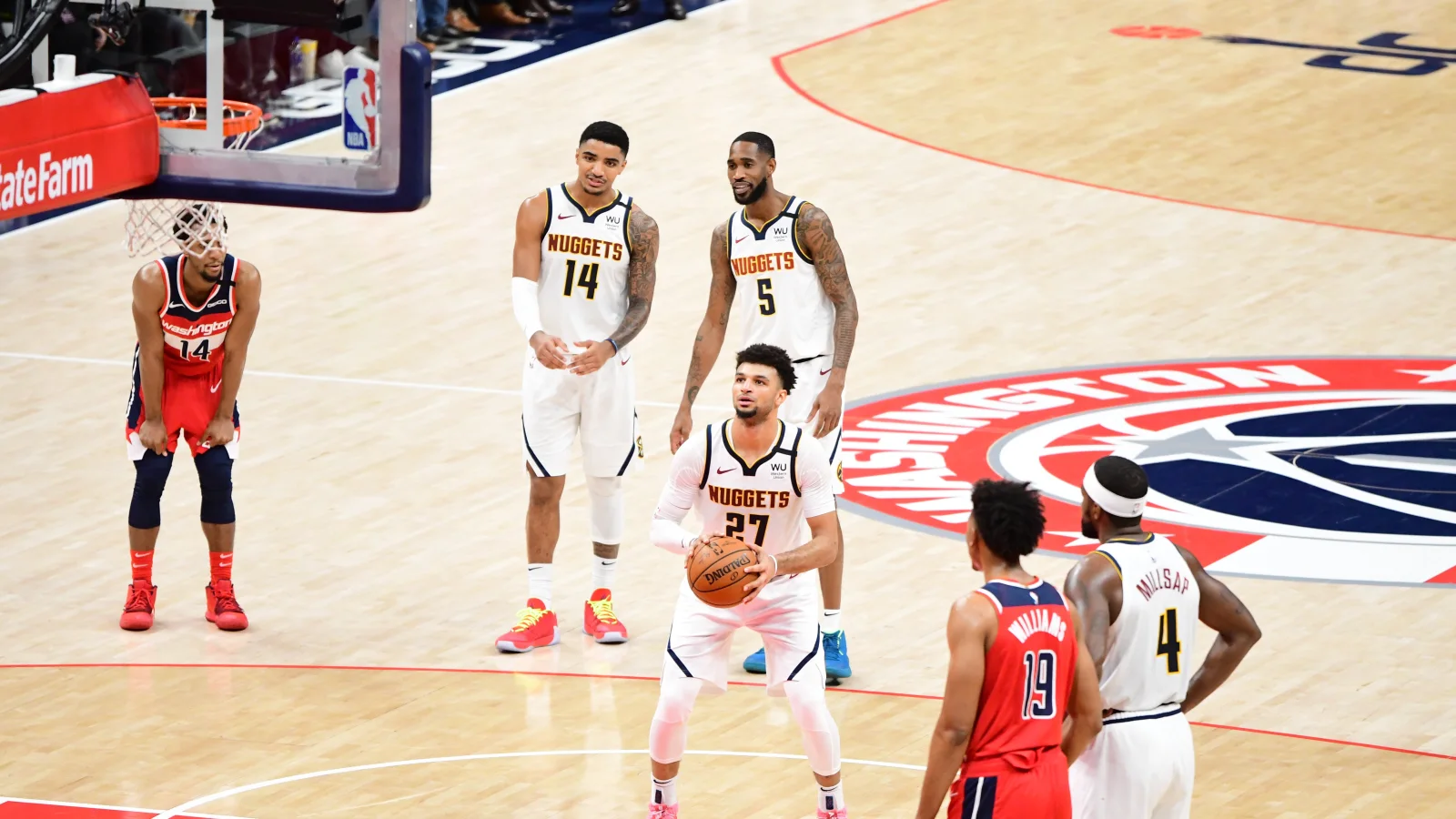 Jamal Murray at the free-throw line during Denver game action, horizontal 16:9 (Wikimedia Commons)