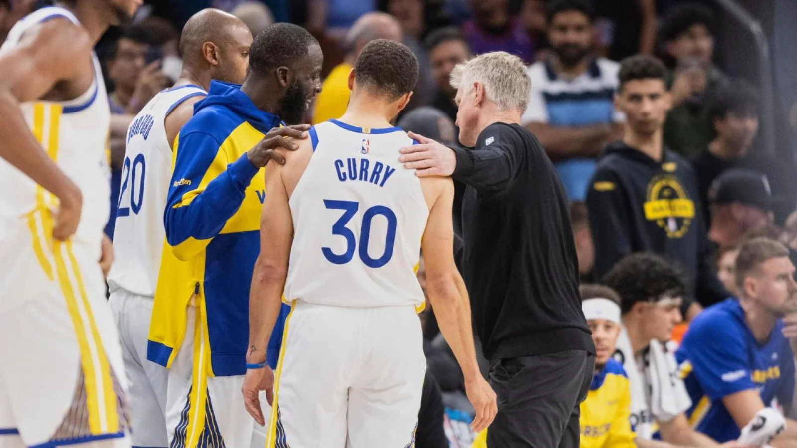 Steve Kerr on the sideline during Golden State game action, horizontal 16:9