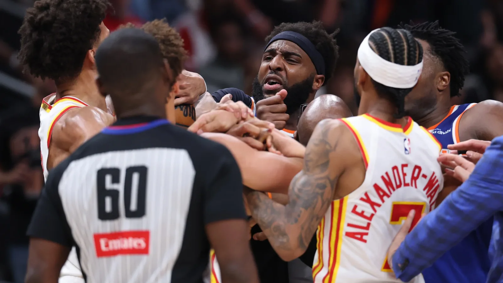 Mitchell Robinson and Dyson Daniels during Knicks-Hawks game sequence before ejections, horizontal 16:9