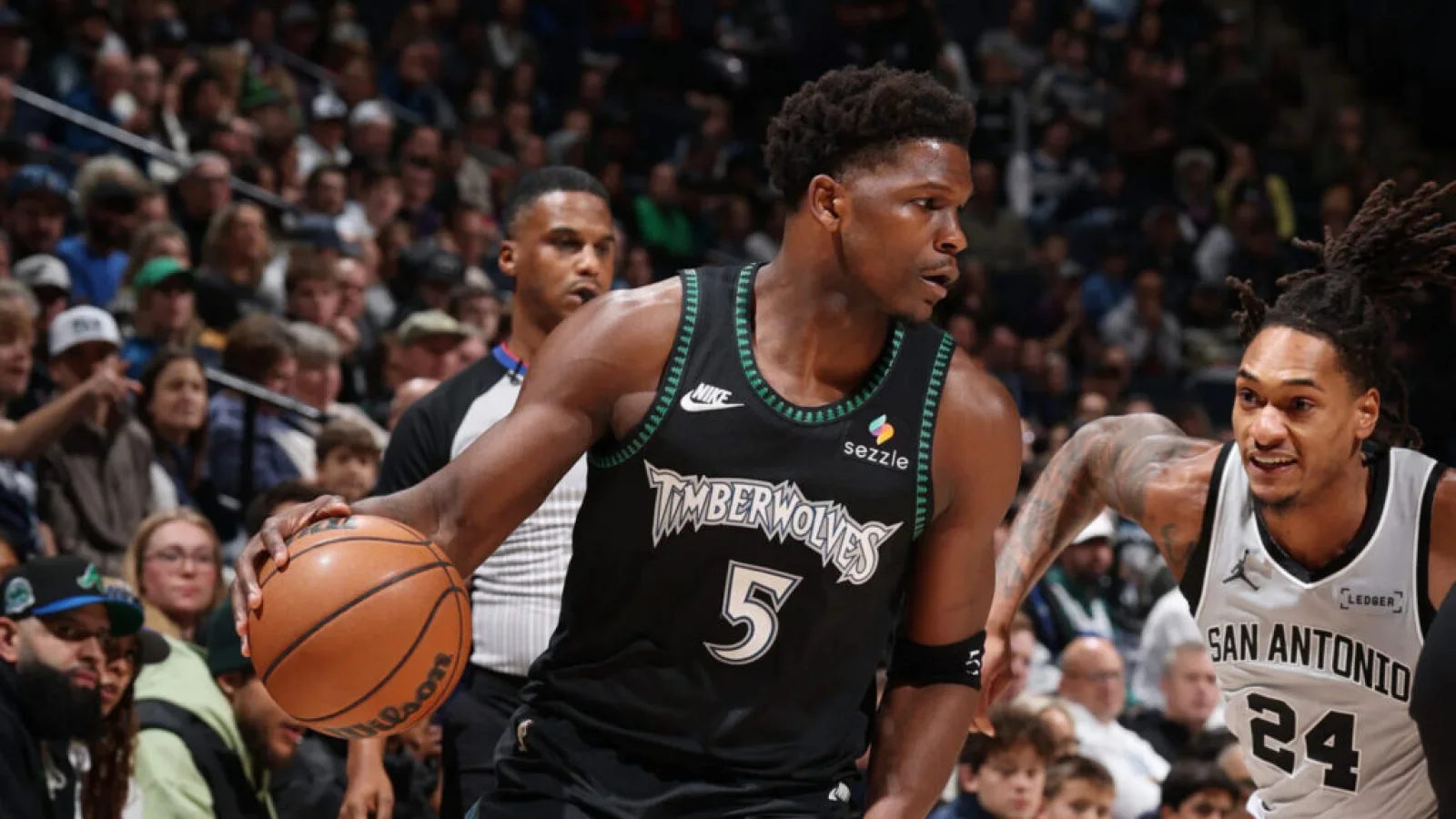 Anthony Edwards during Minnesota Timberwolves playoff game action in 114-109 win, horizontal 16:9