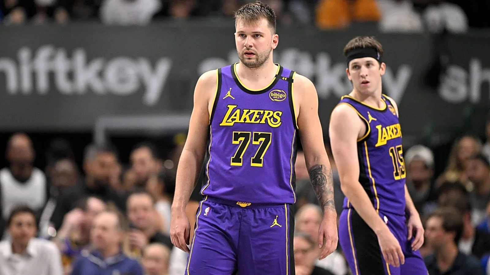 Luka Doncic and Austin Reaves context image in Lakers game environment, horizontal 16:9