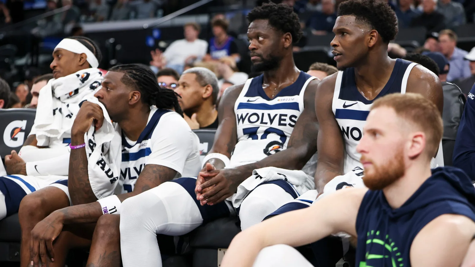 Minnesota Timberwolves half-court offensive set during playoff game action, horizontal 16:9