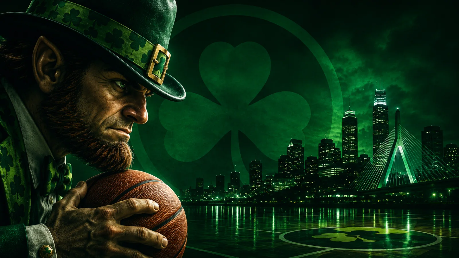 Boston Celtics team cover featuring the Celtics logo and Boston city background