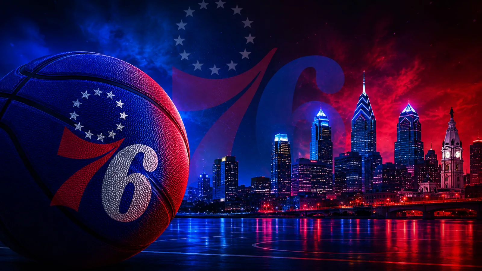 Philadelphia 76ers team cover featuring the 76ers logo and Philadelphia skyline