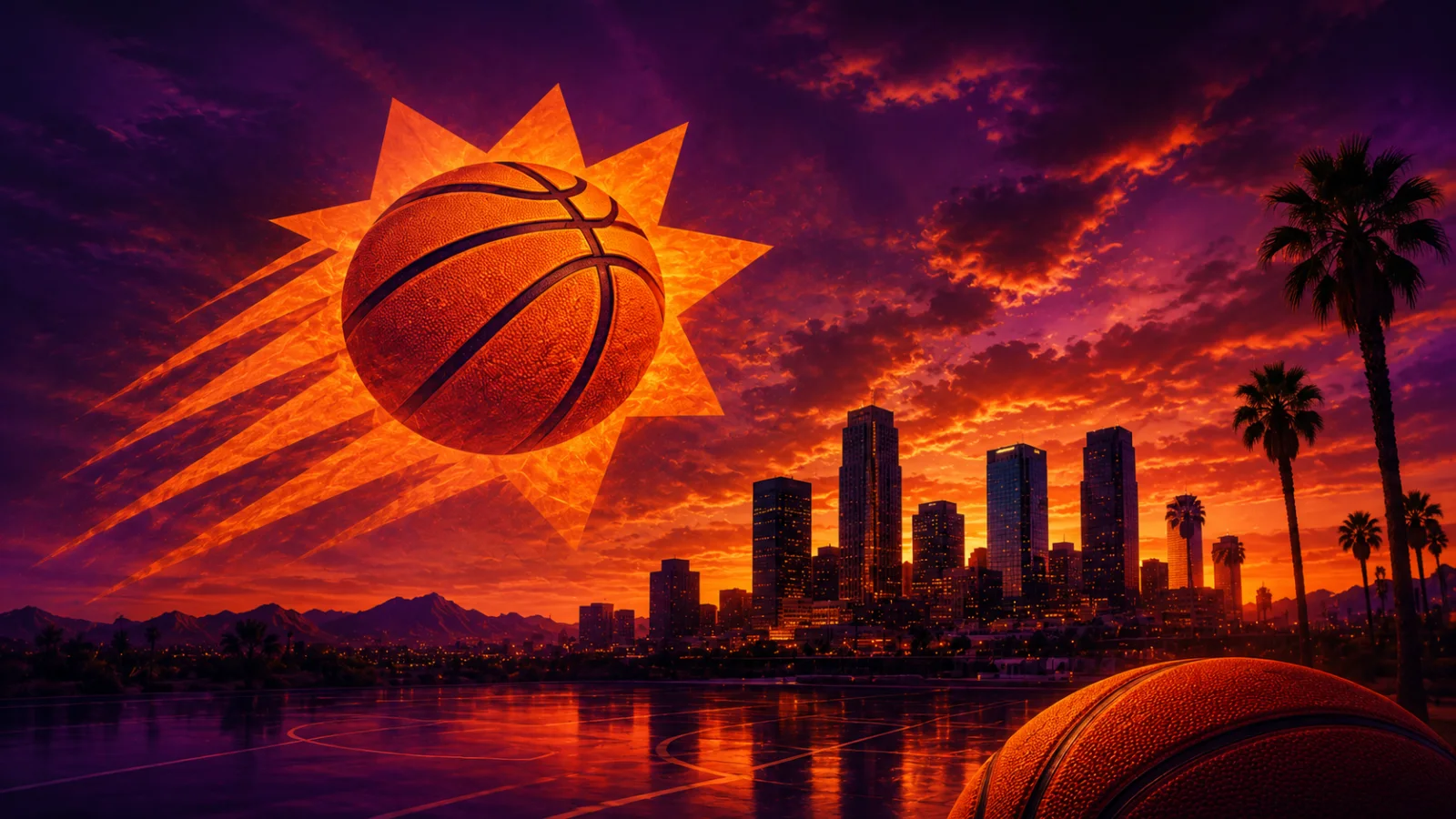 Phoenix Suns team cover featuring the Suns logo and Phoenix skyline