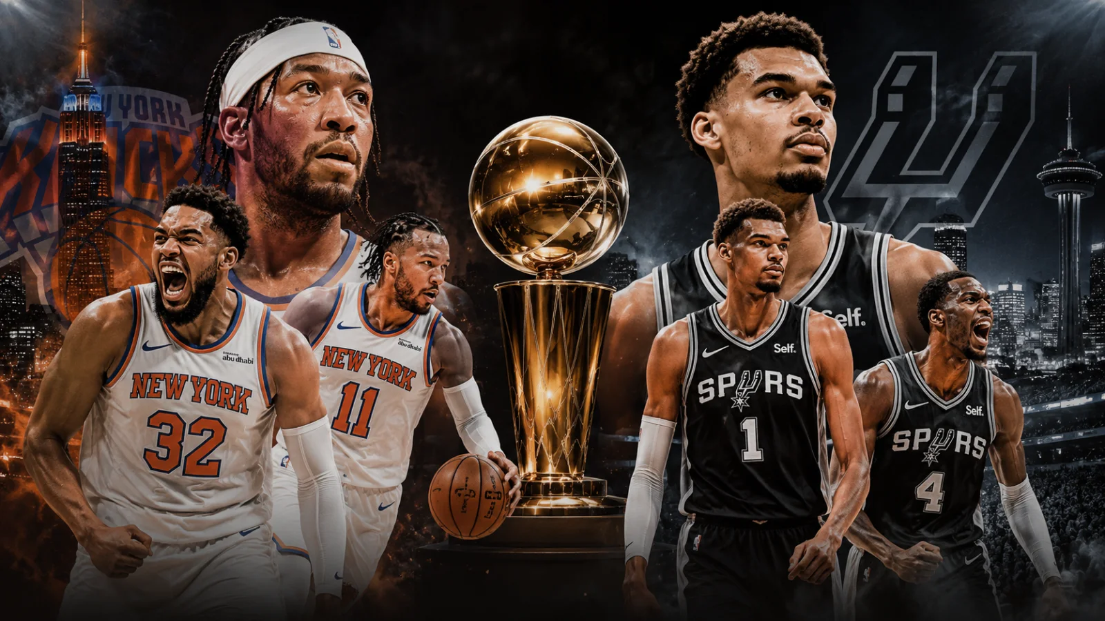 NBA Finals matchup between New York Knicks and San Antonio Spurs with schedule context, horizontal 16:9