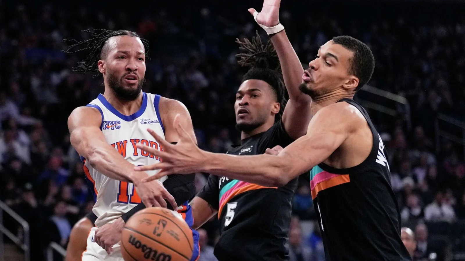 Karl-Anthony Towns during a Knicks game, used for a story on New York holding the Spurs under 100 points