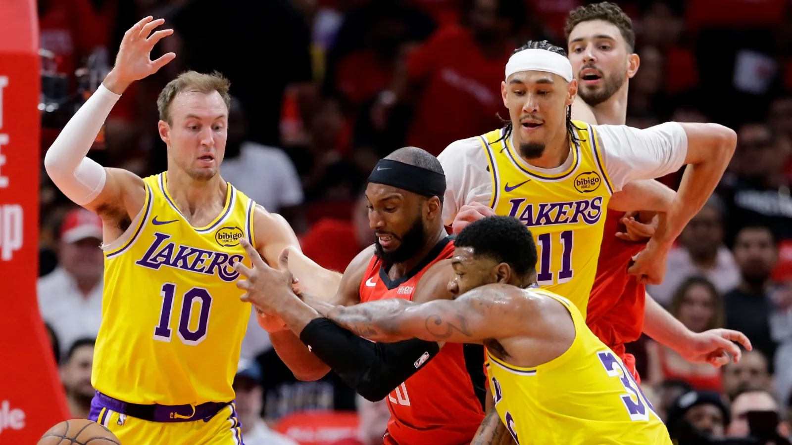 Los Angeles Lakers players during a game as the team weighs offseason roster decisions