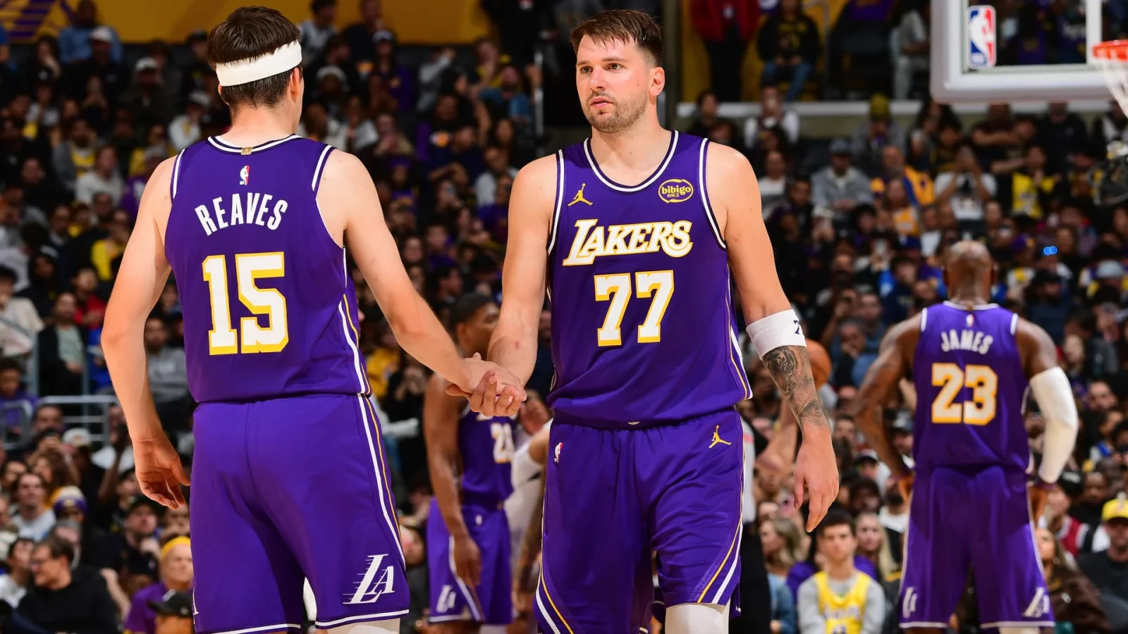 Los Angeles Lakers players during NBA game action
