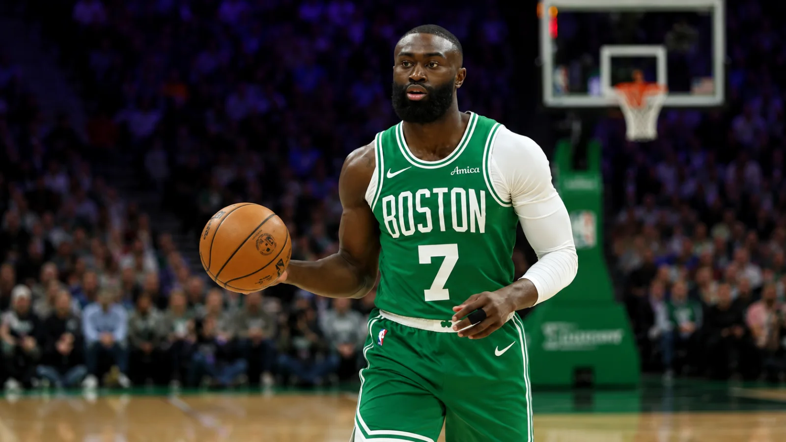Boston Celtics players during NBA game action amid Jaylen Brown trade rumors